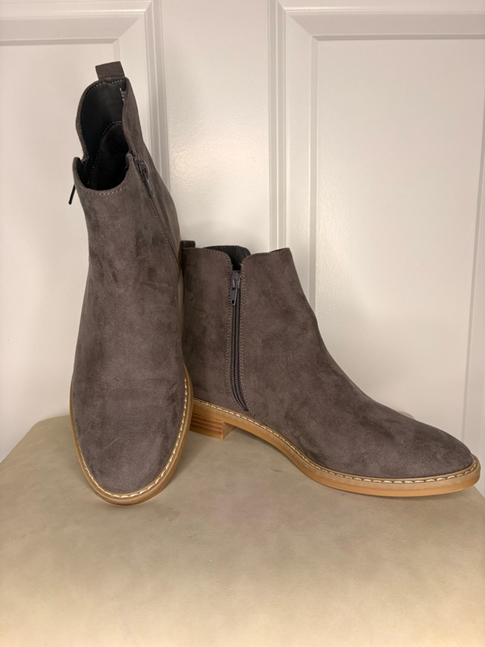 Grey Suede Ankle Boots Side Zip Low Heel Size 8
